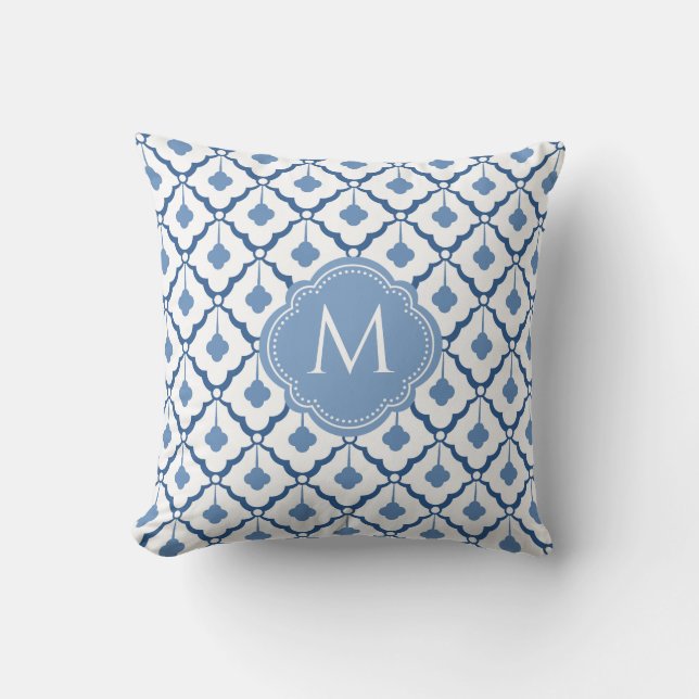 Blue and White Ceramic Pattern with Monogram  Cushion (Front)