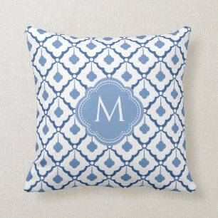 Blue and White Ceramic Pattern with Monogram  Cushion