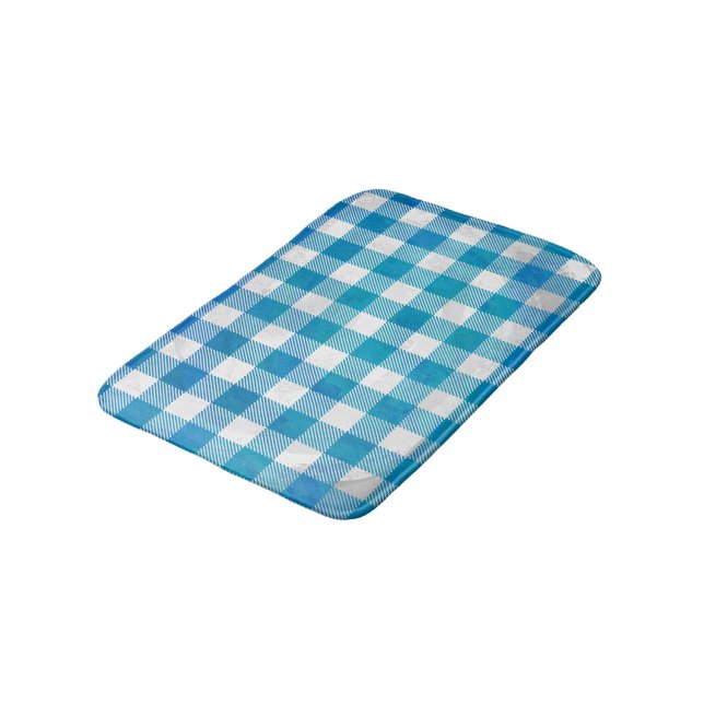 Blue and White Chequered Buffalo Plaid Bath Mat (Angled)