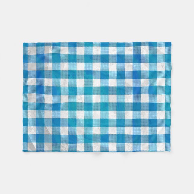 Blue and White Chequered Buffalo Plaid Fleece Blanket (Front (Horizontal))