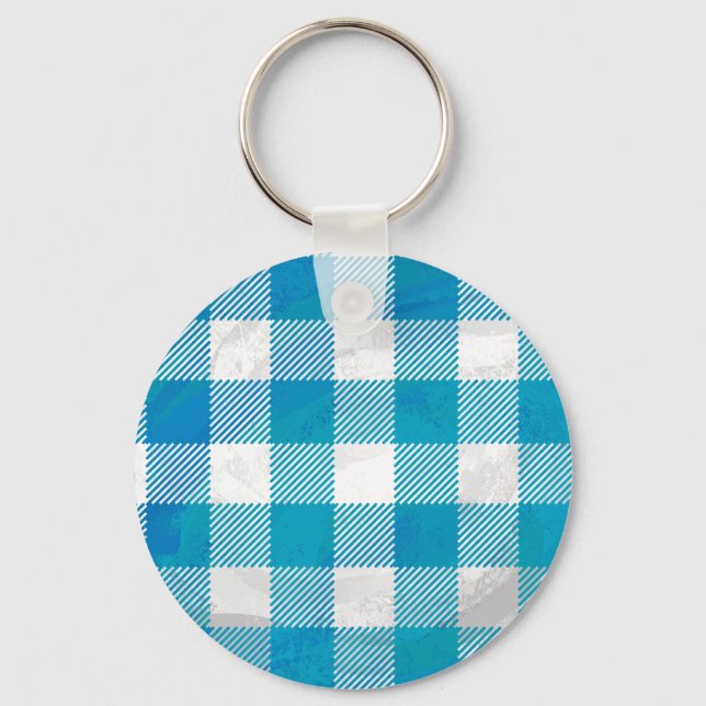 Blue and White Chequered Buffalo Plaid Key Ring (Front)