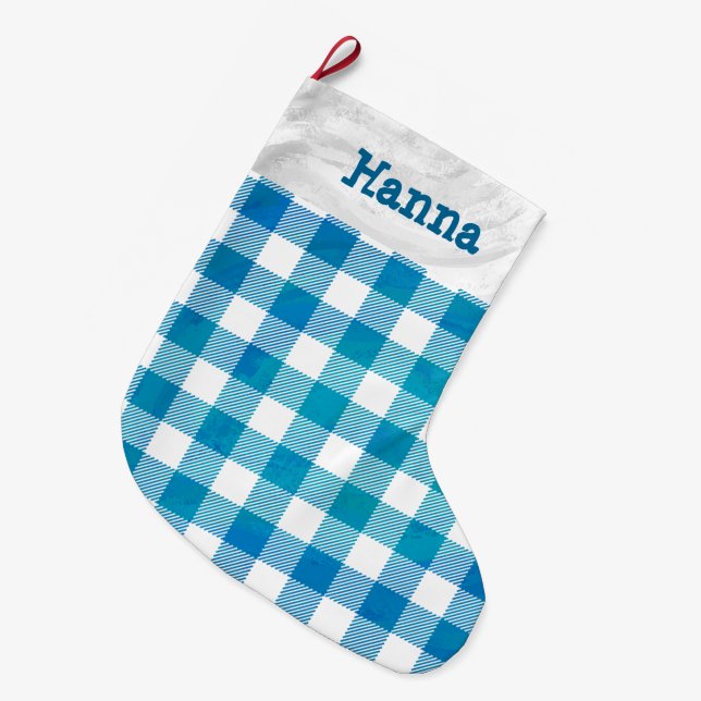 Blue and White Chequered Buffalo Plaid Large Christmas Stocking (Front (Hanging))