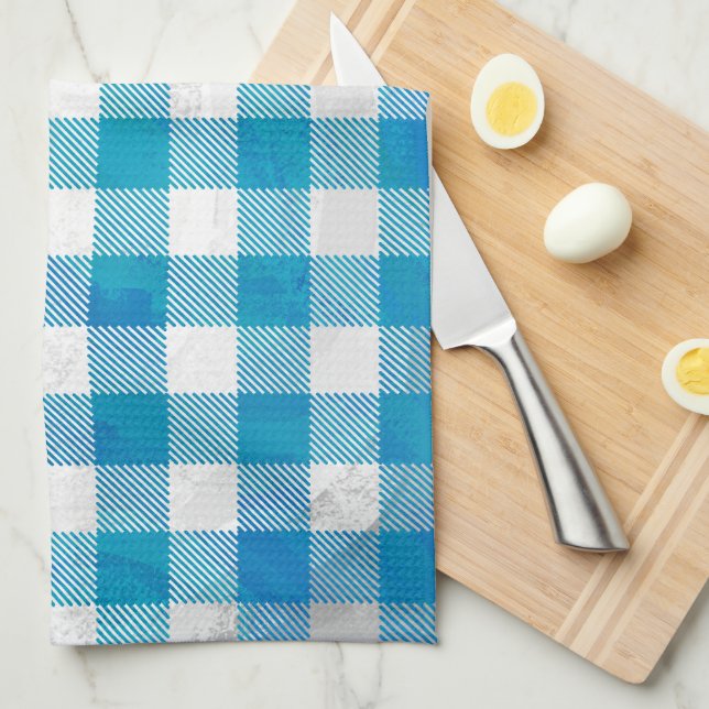 Blue and White Chequered Buffalo Plaid Tea Towel (Quarter Fold)