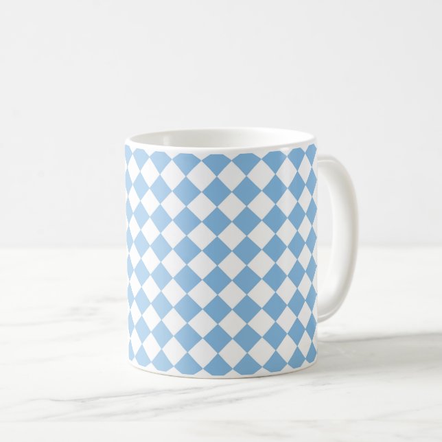 Blue and White Chequered Diamond Pattern Coffee Mug (Front Right)