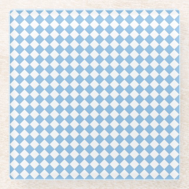Blue and White Chequered Diamond Pattern Glass Coaster (Front)