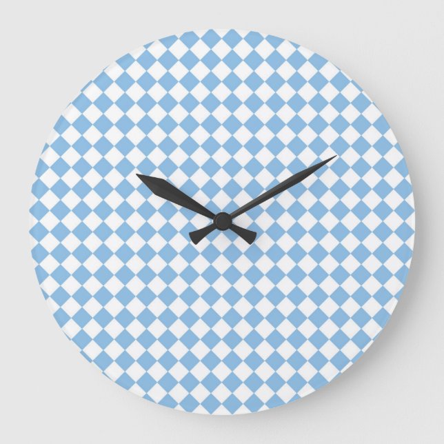 Blue and White Chequered Diamond Pattern Large Clock (Front)