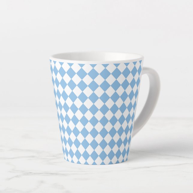 Blue and White Chequered Diamond Pattern Latte Mug (Right Angle)
