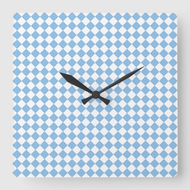 Blue and White Chequered Diamond Pattern Square Wall Clock (Front)