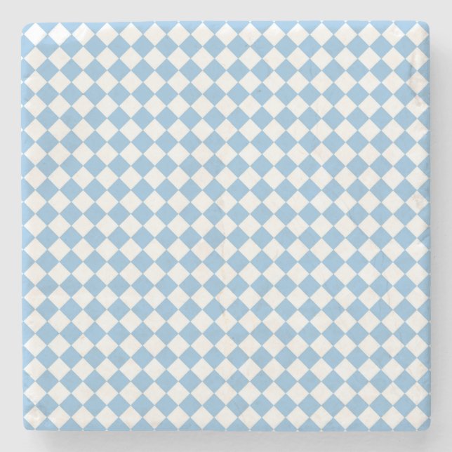 Blue and White Chequered Diamond Pattern Stone Coaster (Front)