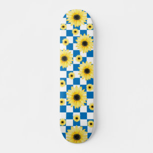 blue and white  Chequered & Sunflower Skateboard