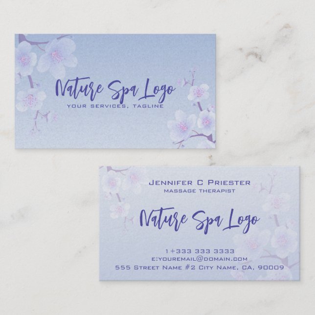 Blue And White Cherry Blossom Nature Spa Business Card (Front/Back)