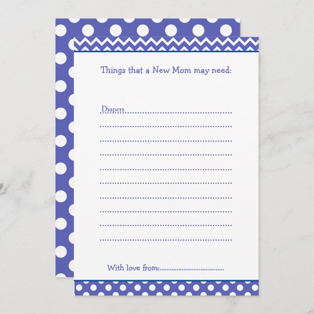 Blue and White Chevron Advice List for New Moms Invitation (Front/Back)