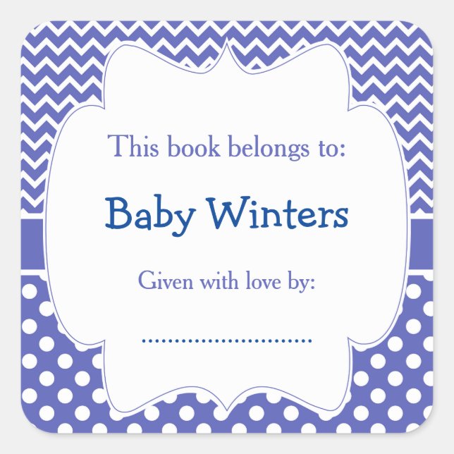 Blue and White Chevron  and Polka Dots Bookplate Square Sticker (Front)