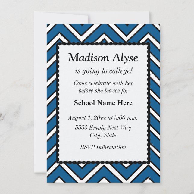 Blue and White Chevron Off To College Party Invite (Front)