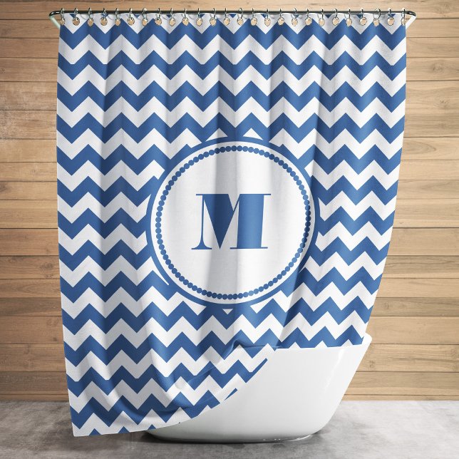 Blue And White Chevron Pattern With Monogram Shower Curtain (Modern Monogram Blue Striped Chevron Pattern Shower Curtain)
