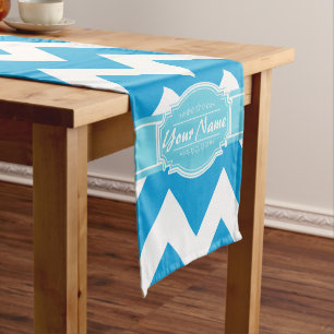 Blue and White Chevron with Custom Name Short Table Runner