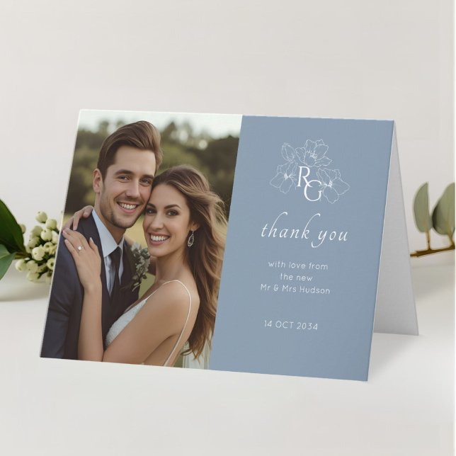 Blue and White | Chic Photo Folded Wedding  Thank You Card (Creator Uploaded)