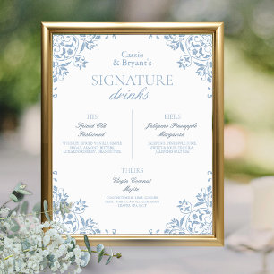 Blue and White Chic Wedding Signature Drinks Poster