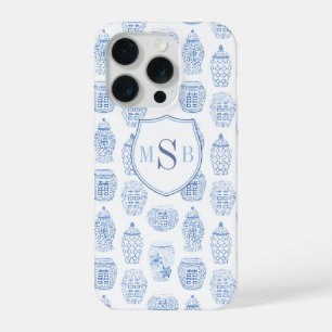 Blue And White China Print Monogram Watercolor iPhone 15 Pro Case