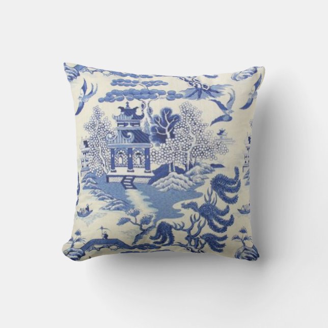 Blue and White Chinese Chinoiserie Cushion (Front)
