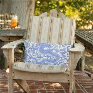 Blue and White Chinese Dragon Floral Patio Outdoor Lumbar Cushion