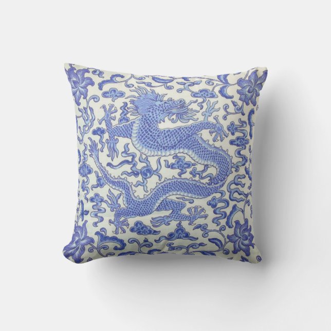 Blue and White Chinese Oriental Dragon Floral  Cushion (Front)