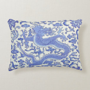 Blue and White Chinese Oriental Dragon Floral Decorative Cushion