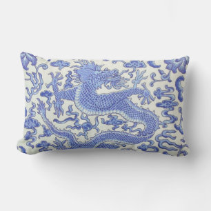 Blue and White Chinese Oriental Dragon Floral  Lumbar Cushion