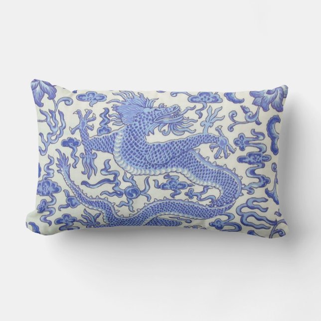 Blue and White Chinese Oriental Dragon Floral  Lumbar Cushion (Front)