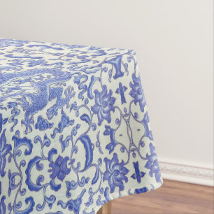 Blue and White Chinese Oriental Dragon Floral Tablecloth
