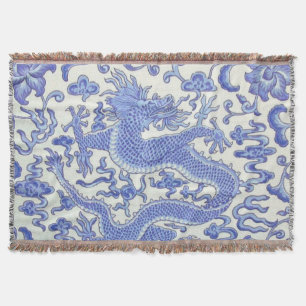 Blue and White Chinese Oriental Dragon Floral Throw Blanket