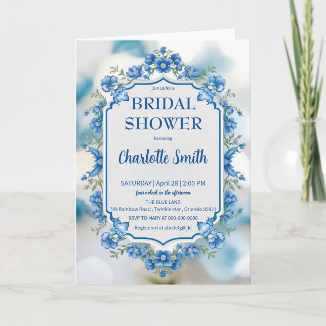 blue and white Chinoiserie antique bridal shower Announcement (Front)