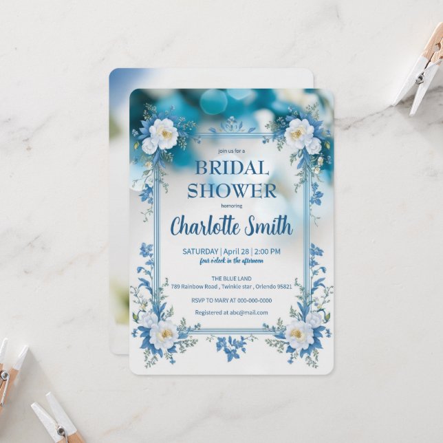 blue and white Chinoiserie antique bridal shower Invitation (Front/Back In Situ)