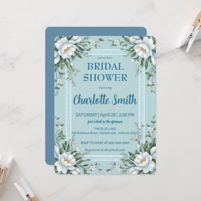 Blue and white Chinoiserie antique bridal shower Invitation (Front/Back In Situ)