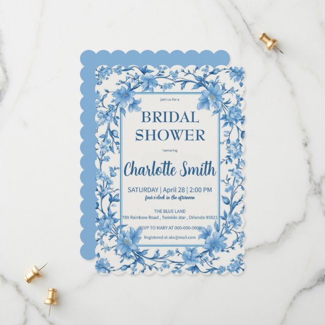 blue and white Chinoiserie antique bridal shower Save The Date (Front/Back In Situ)
