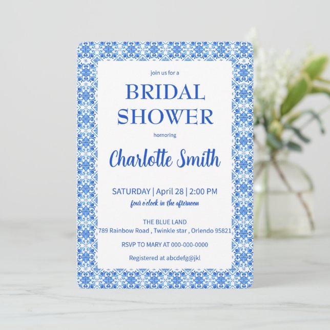 blue and white Chinoiserie antique bridal shower Save The Date (Standing Front)