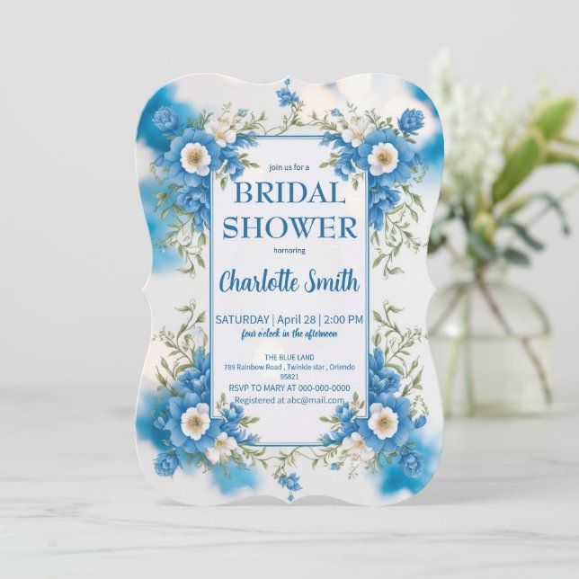 blue and white Chinoiserie antique bridal shower Save The Date (Standing Front)