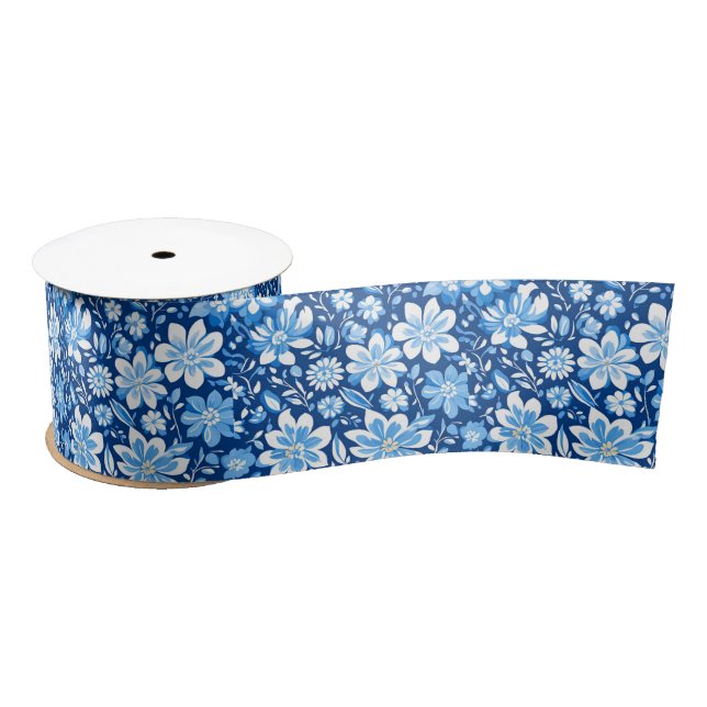 blue and white Chinoiserie antique floral Pattern Satin Ribbon (Spool)