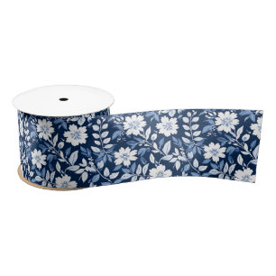 blue and white Chinoiserie antique floral Pattern Satin Ribbon