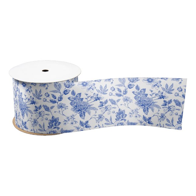 blue and white Chinoiserie antique flower Pattern Satin Ribbon (Spool)