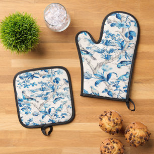 Blue and White Chinoiserie Bird Floral Elegant Oven Mitt & Pot Holder Set
