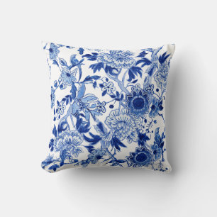 Blue and White Chinoiserie Bird Floral n Foliage Cushion