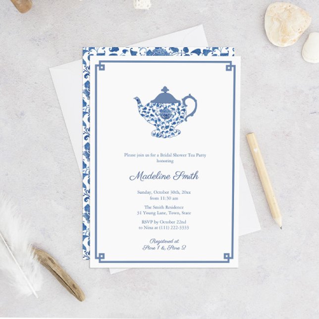Blue And White Chinoiserie Bridal Shower Tea Party Invitation (Chinoiserie Chic Blue And White Teapot Bridal Shower Tea Party Invitation)