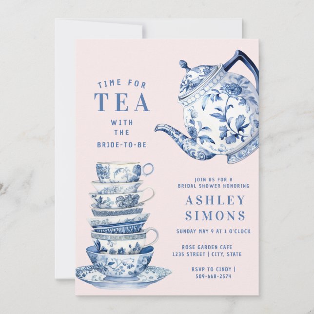 Blue and White Chinoiserie Bridal Shower Tea Party Invitation (Front)
