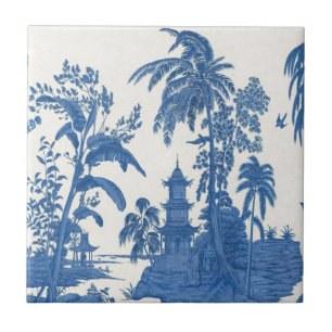 Blue and White Chinoiserie Ceramic Tile