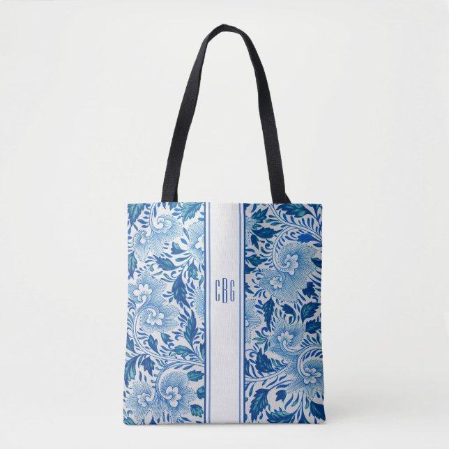 Blue and White Chinoiserie Chic Tote with Monogram Bag (Front)