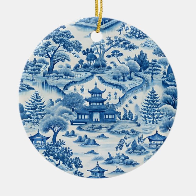 Blue and white chinoiserie christmas ceramic ornament (Front)