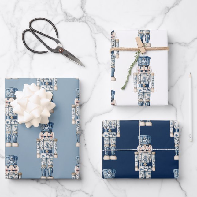 Blue and White Chinoiserie Christmas Nutcracker Wrapping Paper Sheet (Front)