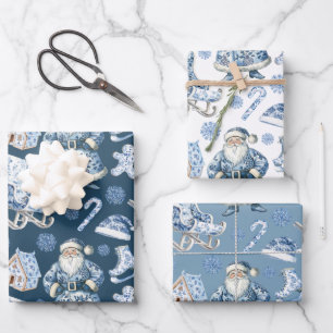 Blue and White Chinoiserie Christmas Santa Wrapping Paper Sheet