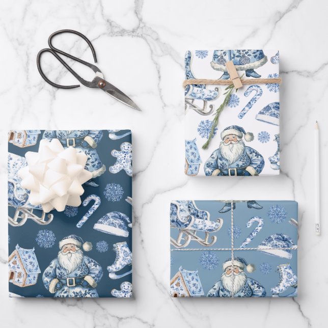 Blue and White Chinoiserie Christmas Santa Wrapping Paper Sheet (Front)